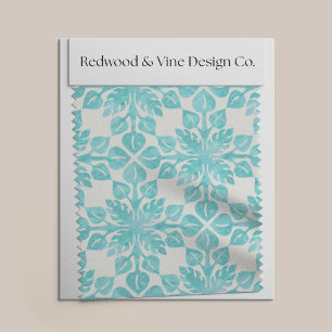 Hawaiian Tropical Leaves Aqua Watercolor Pattern Fabric