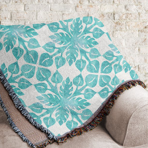 Hawaiian Tropical Leaves Aqua Watercolor Pattern Throw Blanket