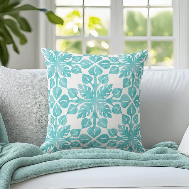 Hawaiian Tropical Leaves Aqua Watercolor Pattern Throw Pillow (Creator Uploaded)