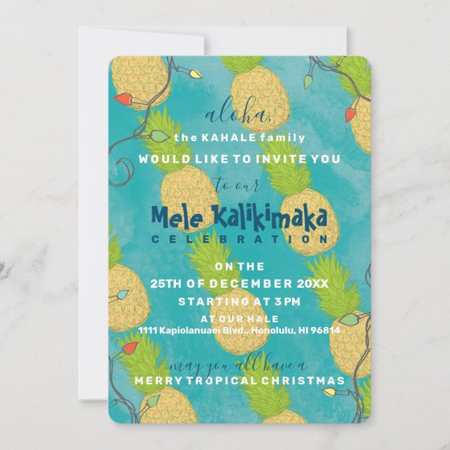 Hawaiian Tropical Pineapple Ocean Christmas Lights Invitation (Front)