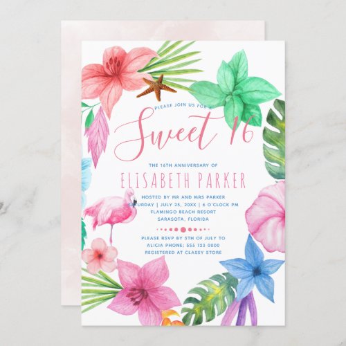 Hawaiian tropical pink floral wreath sweet sixteen invitation