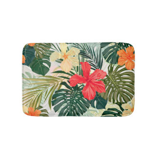 Hawaiian tropical plants, colorful flowers. bath mat