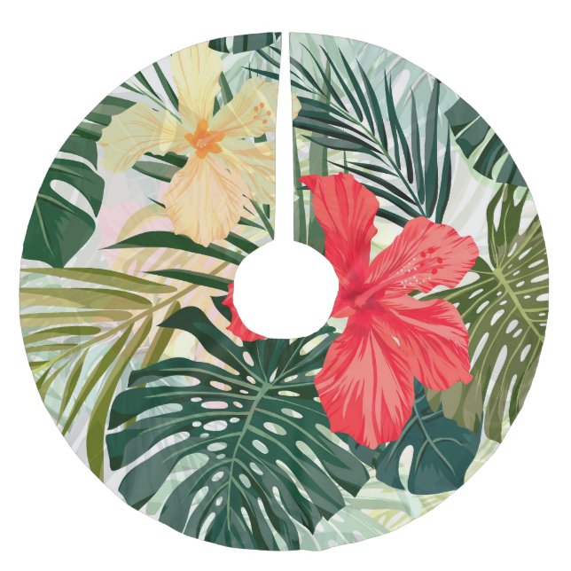 Hawaiian tropical plants, colorful flowers. brushed polyester tree skirt (Front)