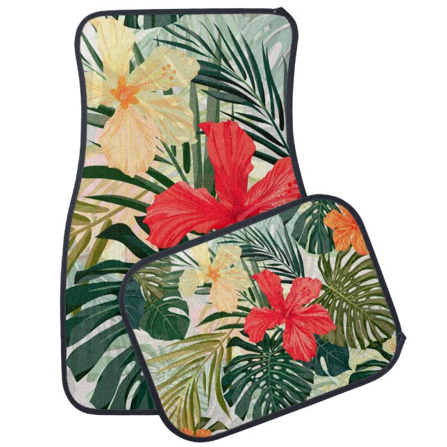 Hawaiian tropical plants, colorful flowers. car floor mat (Set)