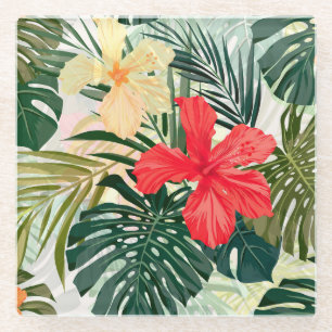 Hawaiian tropical plants, colorful flowers. glass coaster