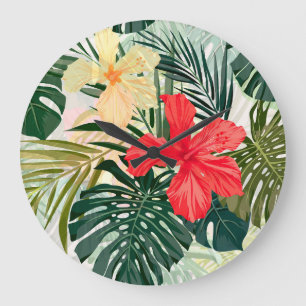 Hawaiian tropical plants, colorful flowers. large clock