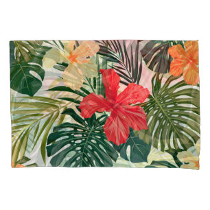 Hawaiian tropical plants, colorful flowers. pillow case