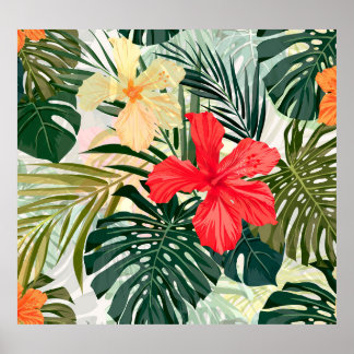 Hawaiian tropical plants, colorful flowers. poster