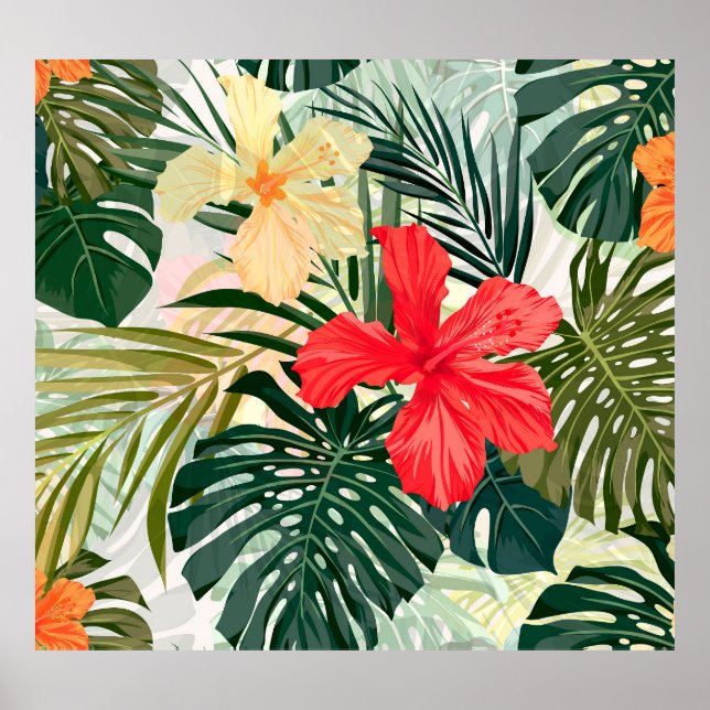 Hawaiian tropical plants, colorful flowers. poster (Front)