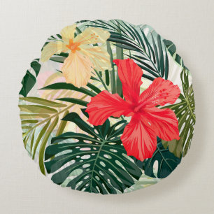 Hawaiian tropical plants, colorful flowers. round pillow