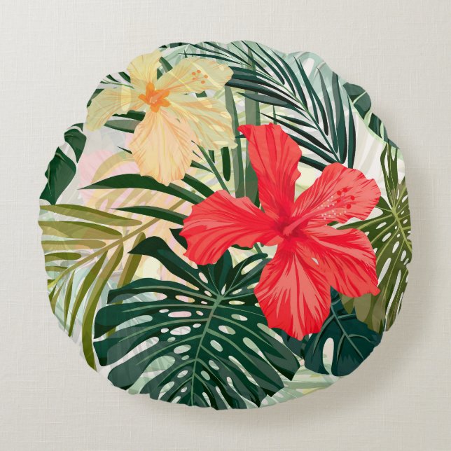 Hawaiian tropical plants, colorful flowers. round pillow (Front)