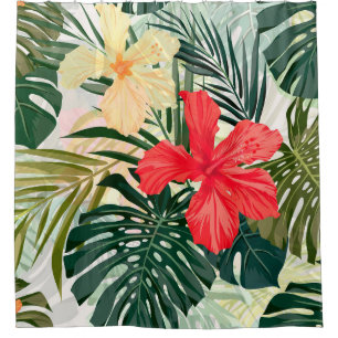 Hawaiian tropical plants, colorful flowers. shower curtain