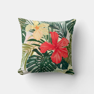 Hawaiian tropical plants, colorful flowers. throw pillow