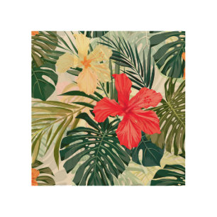 Hawaiian tropical plants, colorful flowers. wood wall art