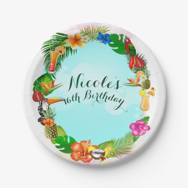 Hawaiian Tropical Summer Things Frame Luau Party Paper Plates (Front)