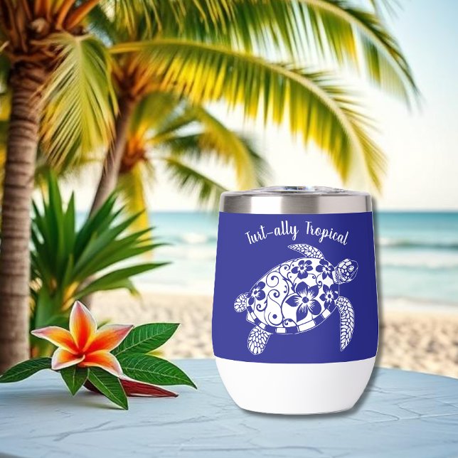 Hawaiian Turtle-Fisherman Aesthetic-Deep Blue Thermal Wine Tumbler (Hawaiian Turtle-Tropical Flowers, Elegant Tribals, summer, beach, fisherman aesthetic, wine tumbler)