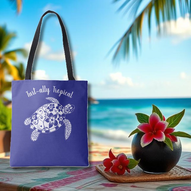 Hawaiian Turtle Fisherman Aesthetic Deep Blue Tote Bag (Hawaiian Turtle-Tropical Flowers, Elegant hawaiian Tribals, summer, beach, fisherman aesthetic Tote)