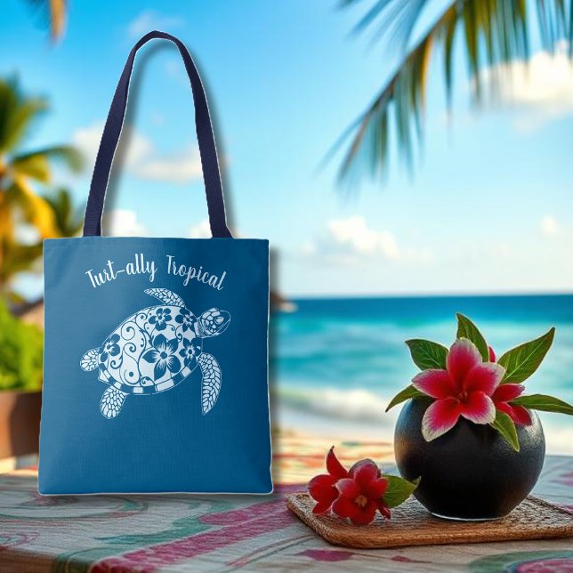 Hawaiian Turtle Fisherman Aesthetic Teal Tote Bag (Hawaiian Turtle-Tropical Flowers, Elegant hawaiian Tribals, summer, beach, fisherman aesthetic Tote)