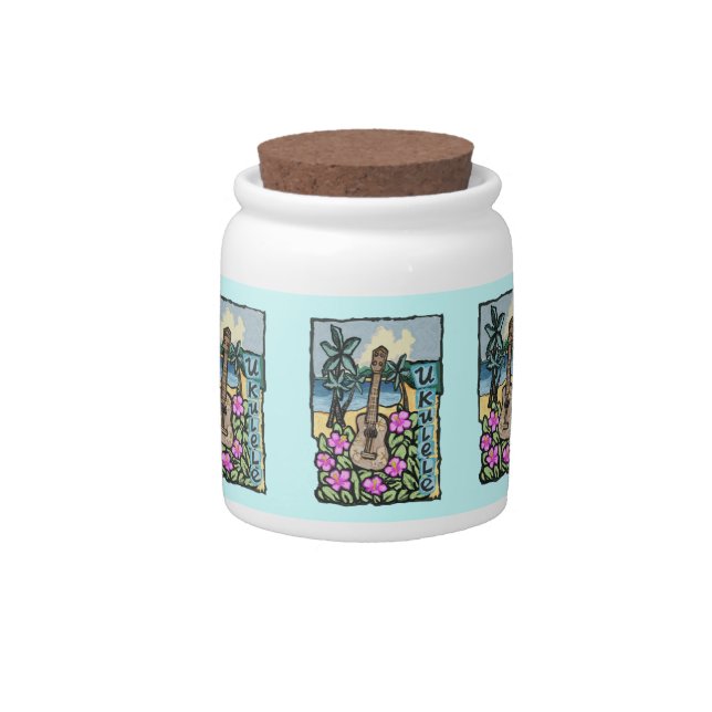 Hawaiian Ukulele Cookie Jar, Teal Background Candy Jar (Front)