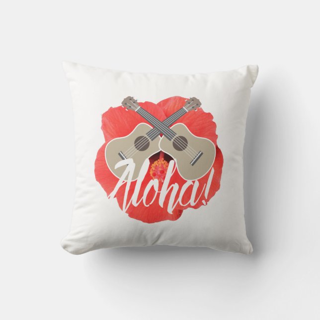 Hawaiian Ukulele & Hibiscus Flower Aloha Throw Pillow (Front)
