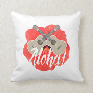 Hawaiian Ukulele & Hibiscus Flower Aloha Throw Pillow