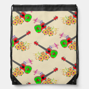 Hawaiian Ukulele Hibiscus Flowers Drawstring Bag