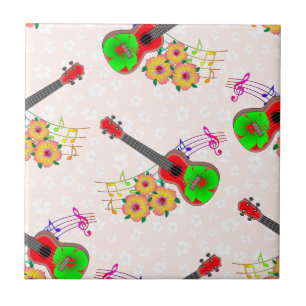 Hawaiian Ukulele Hibiscus Flowers Floral Ceramic Tile