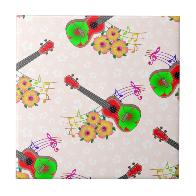 Hawaiian Ukulele Hibiscus Flowers Floral Ceramic Tile (Front)
