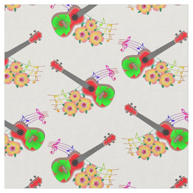 Hawaiian Ukulele Hibiscus Flowers Floral Fabric (Close Up)