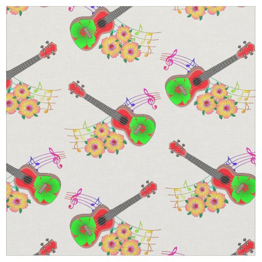 Hawaiian Ukulele Hibiscus Flowers Floral Fabric