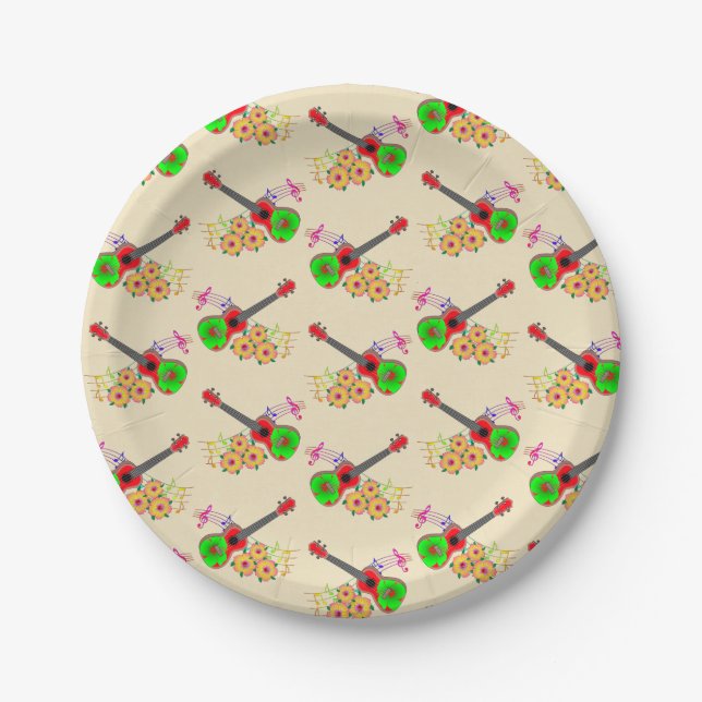 Hawaiian Ukulele Hibiscus Flowers Paper Plates (Front)