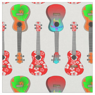 Hawaiian Ukuleles on Floral Hibiscus Fabric