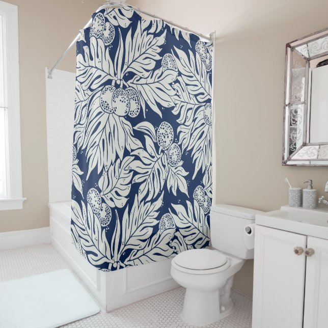 Hawaiian ulu breadfruit navy shower curtain (In Situ)