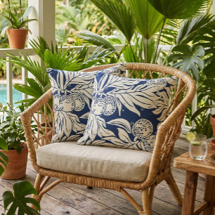 Hawaiian Ulu Breadfruit Pattern Navy Cream Throw Pillow