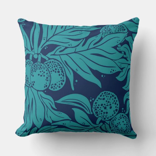 Hawaiian Ulu Breadfruit Pattern Teal on Navy Throw Pillow