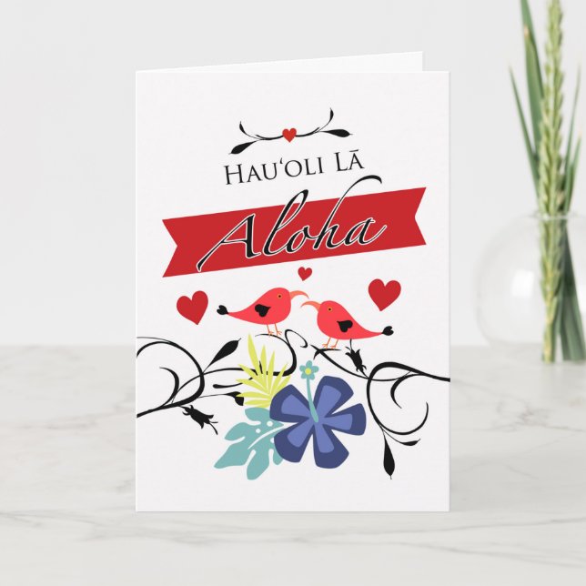 Hawaiian Valentine's Day with Tropical Iiwi Birds Card (Front)