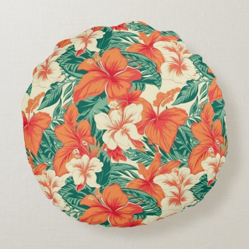 Hawaiian vibe aesthetic tropical flowers pattern round pillow