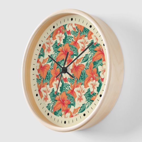 Hawaiian vibe colorful tropical flowers pattern clock