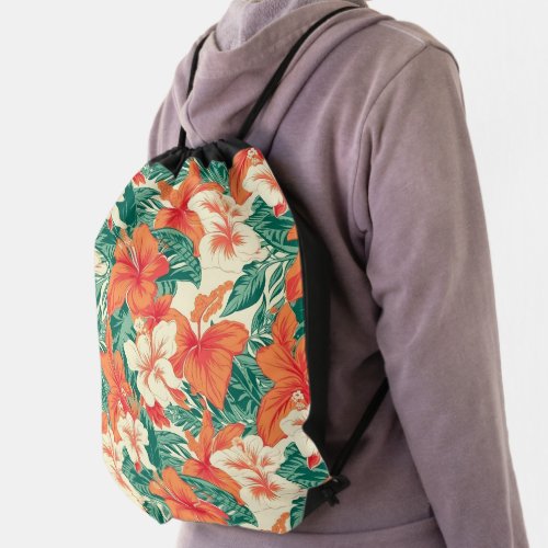 Hawaiian vibe colorful tropical flowers pattern drawstring bag