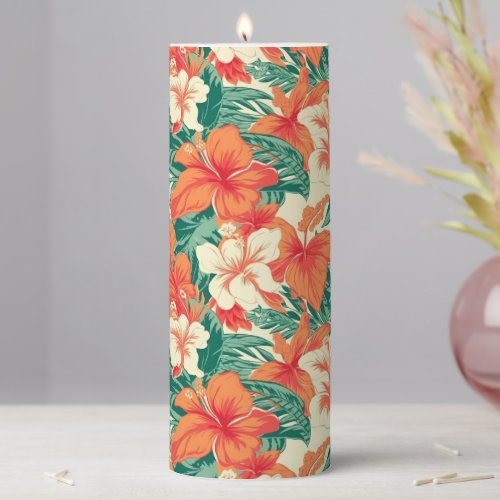 Hawaiian vibe colorful tropical flowers pattern pillar candle