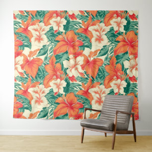 Hawaiian vibe colorful tropical flowers tapestry