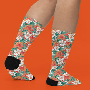 Hawaiian Vibe Orange White Tropical Flowers Socks