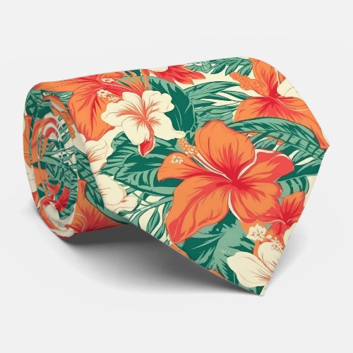 Hawaiian vibe tropical flowers and leaves pattern neck tie