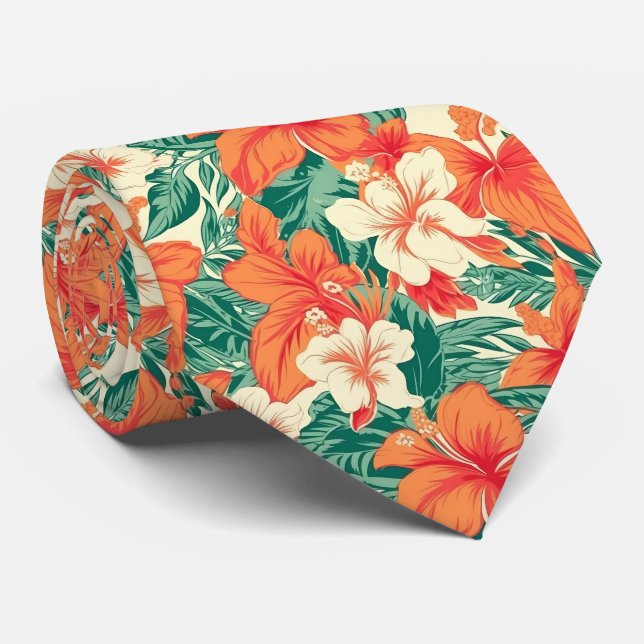 Hawaiian vibe tropical flowers leaves pattern 2 neck tie (Rolled)