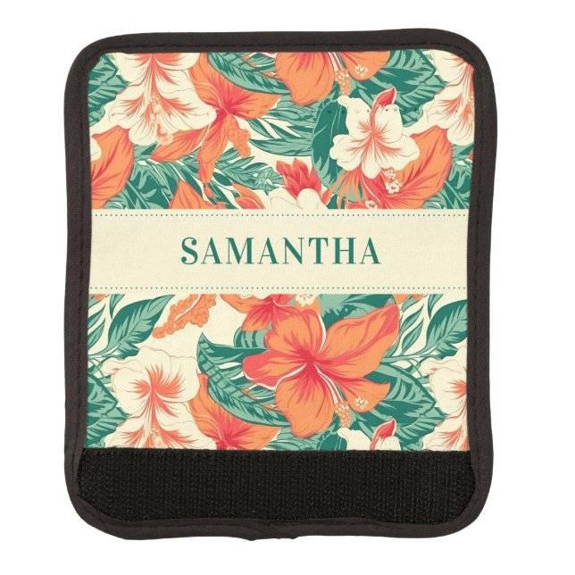 Hawaiian vibe tropical flowers pattern custom text luggage handle wrap (Front)