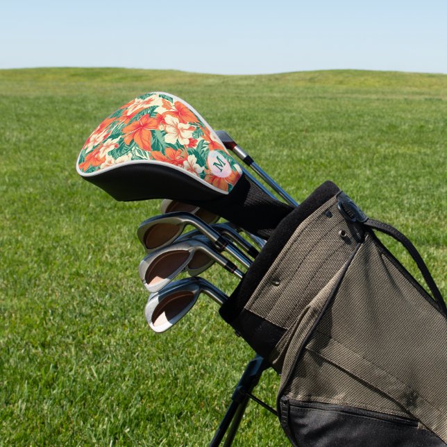 Hawaiian vibe tropical flowers pattern golf head cover (In Situ)
