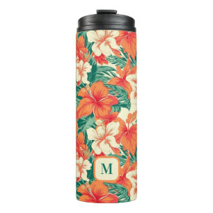Hawaiian vibe tropical flowers pattern monogram thermal tumbler