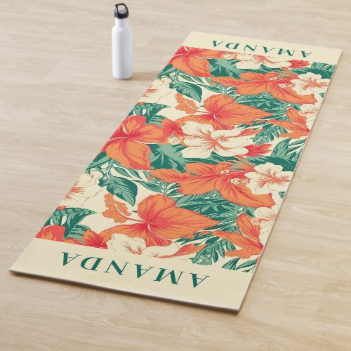 Hawaiian vibe tropical flowers pattern monogram yoga mat