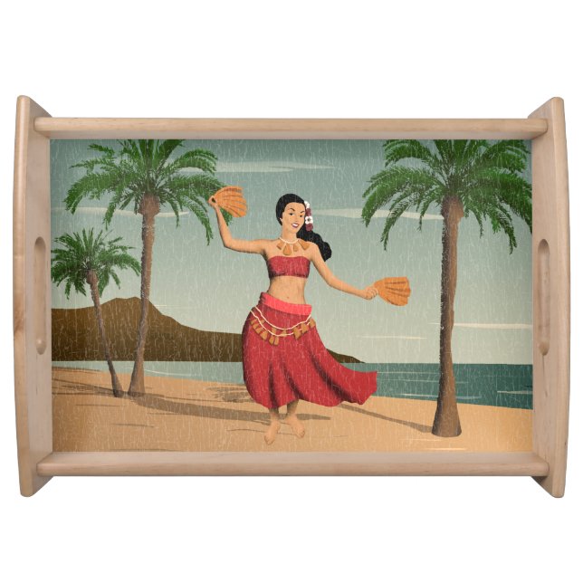 Hawaiian Vintage Hula Girl Distressed Postcard Serving Tray (Front)