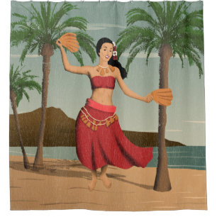Hawaiian Vintage Hula Girl Distressed Postcard Shower Curtain